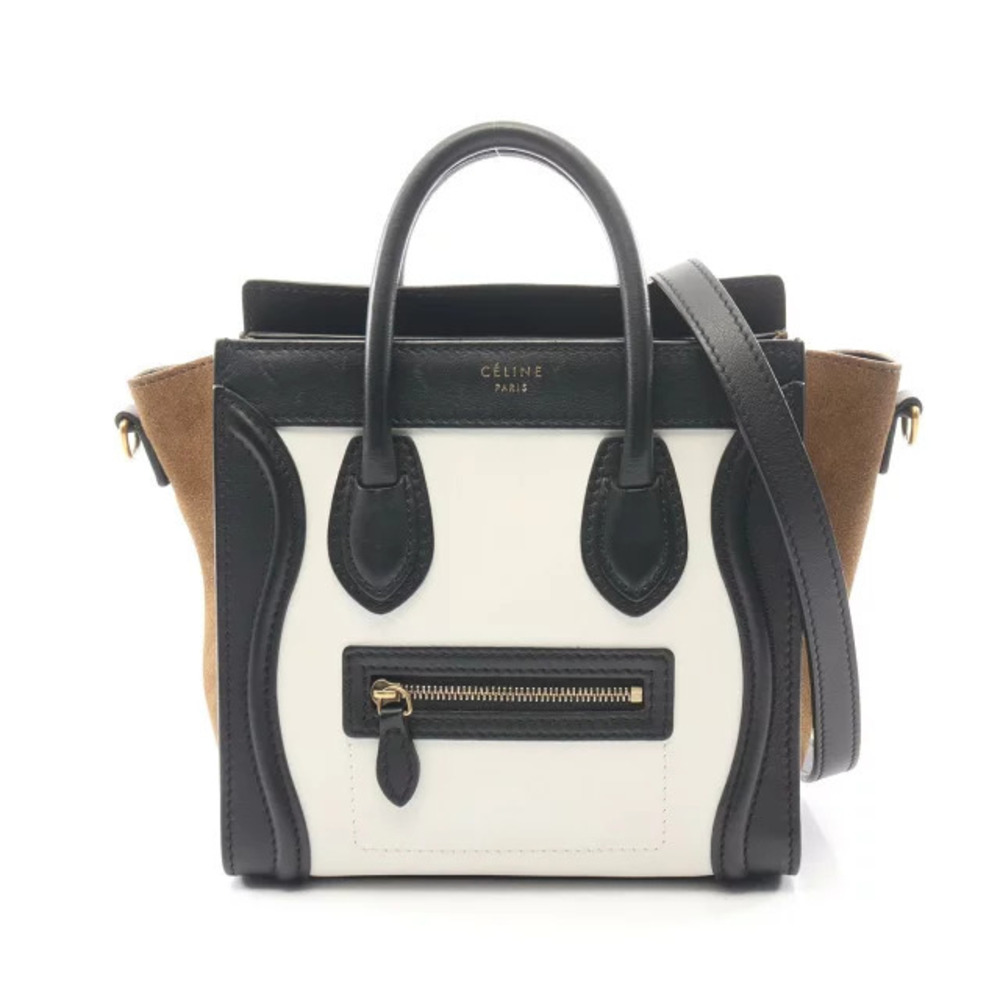 Celine Luggage Tote Shopper Handbag Leather Black White Khaki Green